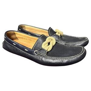 Prada Leather Driving Loafers Navy Pebbled Leather Braided Rope Detail - 9.5